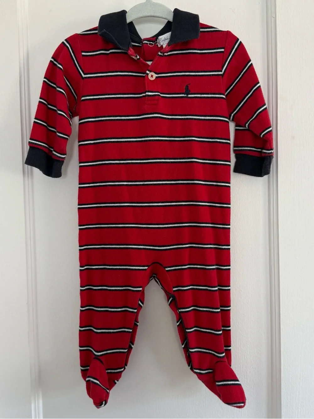 Ralph Lauren Footed One-Piece Collared Red & Navy Striped Sz 6-9m